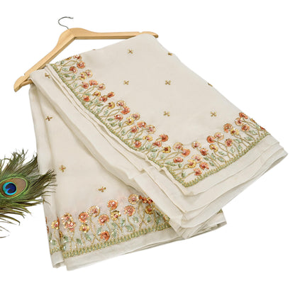 Rare Vintage Ivory Pure Organza Silk Saree Zardozi Hand Embroidered Designer Abu Jani Sari 5.5 Yard Bollywood Party Wear