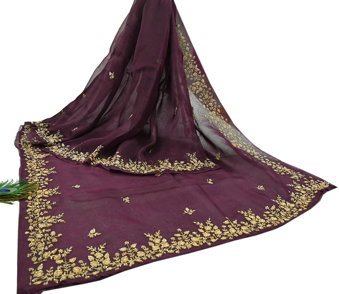Rare Vintage Purple Pure Organza Silk Saree Zardozi Hand Embroidered Designer Sari 5.5 Yard Bollywood Party Wear