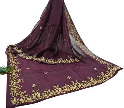 Rare Vintage Purple Pure Organza Silk Saree Zardozi Hand Embroidered Designer Sari 5.5 Yard Bollywood Party Wear