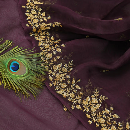 Rare Vintage Purple Pure Organza Silk Saree Zardozi Hand Embroidered Designer Sari 5.5 Yard Bollywood Party Wear