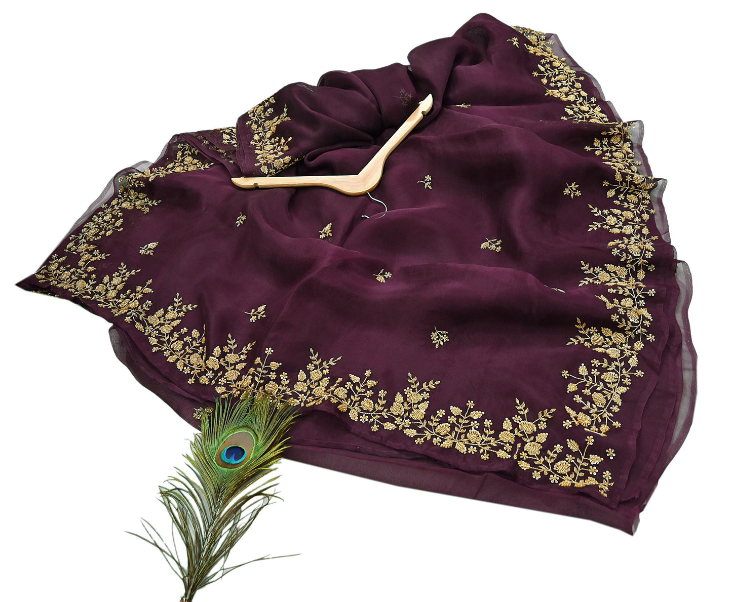 Rare Vintage Purple Pure Organza Silk Saree Zardozi Hand Embroidered Designer Sari 5.5 Yard Bollywood Party Wear