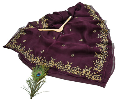 Rare Vintage Purple Pure Organza Silk Saree Zardozi Hand Embroidered Designer Sari 5.5 Yard Bollywood Party Wear