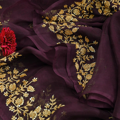 Rare Vintage Purple Pure Organza Silk Saree Zardozi Hand Embroidered Designer Sari 5.5 Yard Bollywood Party Wear