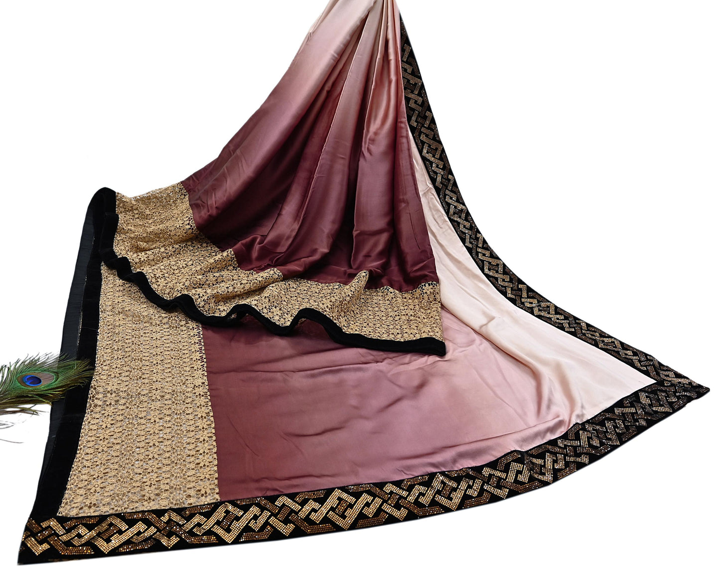 Rare Vintage Brown & Peach Pure Satin Silk Saree Hand Embroidered Fabric 5.5 Yards Sari Bollywood Party Wear Ethnic Designer Saree