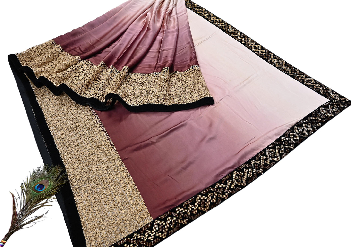 Rare Vintage Brown & Peach Pure Satin Silk Saree Hand Embroidered Fabric 5.5 Yards Sari Bollywood Party Wear Ethnic Designer Saree
