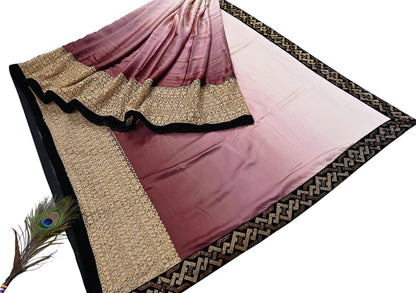 Rare Vintage Brown & Peach Pure Satin Silk Saree Hand Embroidered Fabric 5.5 Yards Sari Bollywood Party Wear Ethnic Designer Saree