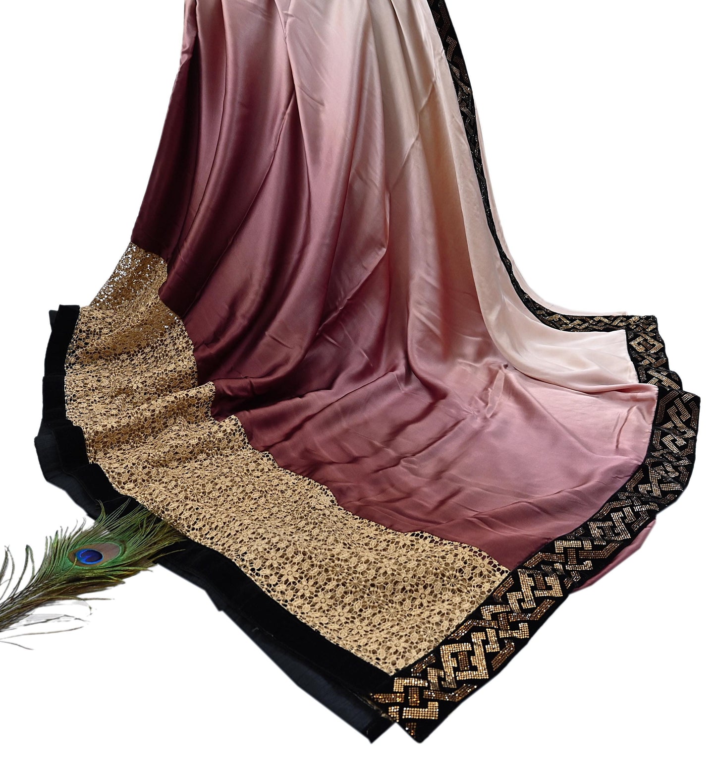 Rare Vintage Brown & Peach Pure Satin Silk Saree Hand Embroidered Fabric 5.5 Yards Sari Bollywood Party Wear Ethnic Designer Saree