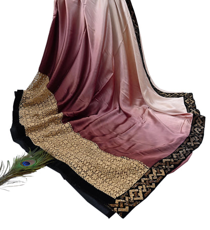 Rare Vintage Brown & Peach Pure Satin Silk Saree Hand Embroidered Fabric 5.5 Yards Sari Bollywood Party Wear Ethnic Designer Saree