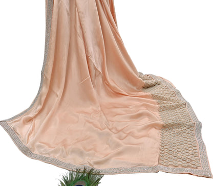 Rare Vintage Peach Pure Satin Silk Saree Hand Embroidered Fabric 5.5 Yards Sari Bollywood Party Wear Ethnic Designer Saree