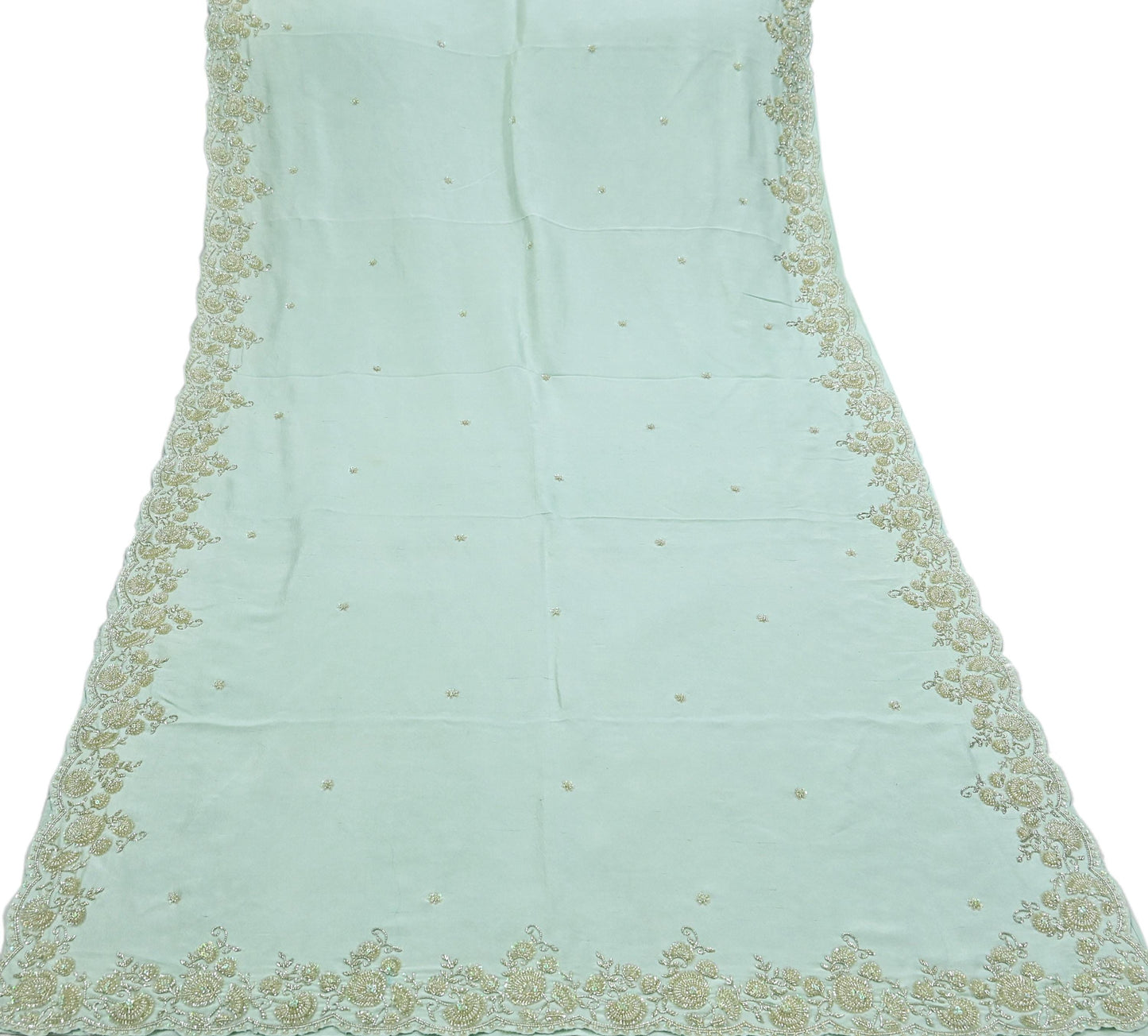 Rare Vintage Sage Green Pure Silk Saree Hand Embroidered Fabric 5.5 Yard Sari Bollywood Party Wear Ethnic Designer Saree