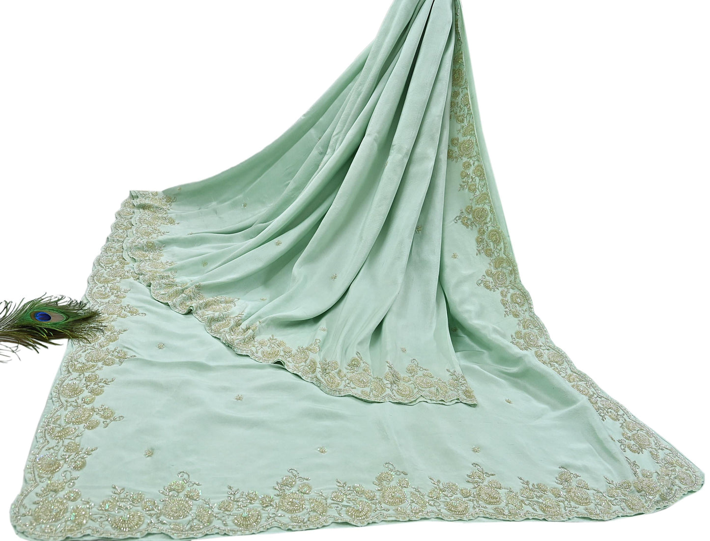 Rare Vintage Sage Green Pure Silk Saree Hand Embroidered Fabric 5.5 Yard Sari Bollywood Party Wear Ethnic Designer Saree