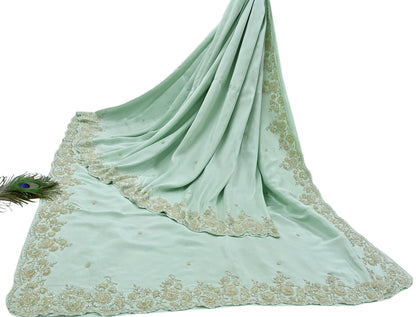 Rare Vintage Sage Green Pure Silk Saree Hand Embroidered Fabric 5.5 Yard Sari Bollywood Party Wear Ethnic Designer Saree