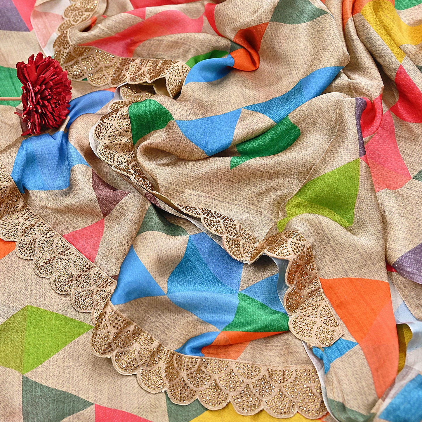 Rare Vintage Multi Pure Satin Silk Saree Hand Embroidered Fabric 5.5 Yards Sari Bollywood Party Wear Ethnic Designer Saree