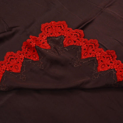 Rare Vintage Brown Pure Satin Silk Saree Hand Embroidered Fabric 5.5 Yards Sari Bollywood Party Wear Ethnic Designer Saree