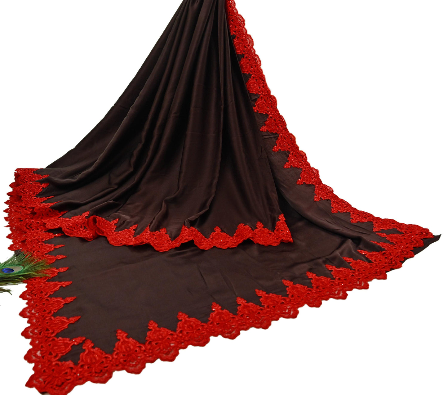 Rare Vintage Brown Pure Satin Silk Saree Hand Embroidered Fabric 5.5 Yards Sari Bollywood Party Wear Ethnic Designer Saree