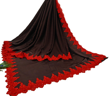Rare Vintage Brown Pure Satin Silk Saree Hand Embroidered Fabric 5.5 Yards Sari Bollywood Party Wear Ethnic Designer Saree