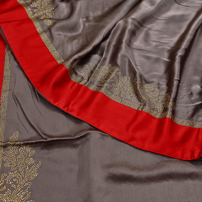 Rare Vintage Brown Pure Satin Silk Saree Hand Embroidered Fabric 5.5 Yards Sari Bollywood Party Wear Ethnic Designer Saree