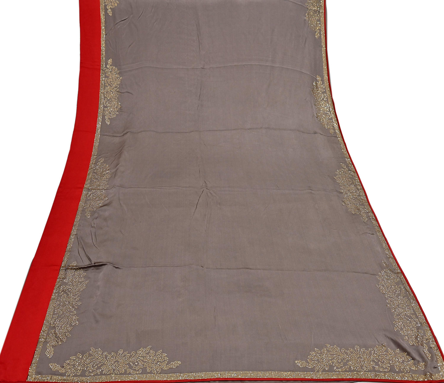Rare Vintage Brown Pure Satin Silk Saree Hand Embroidered Fabric 5.5 Yards Sari Bollywood Party Wear Ethnic Designer Saree