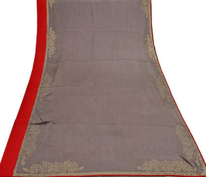 Rare Vintage Brown Pure Satin Silk Saree Hand Embroidered Fabric 5.5 Yards Sari Bollywood Party Wear Ethnic Designer Saree
