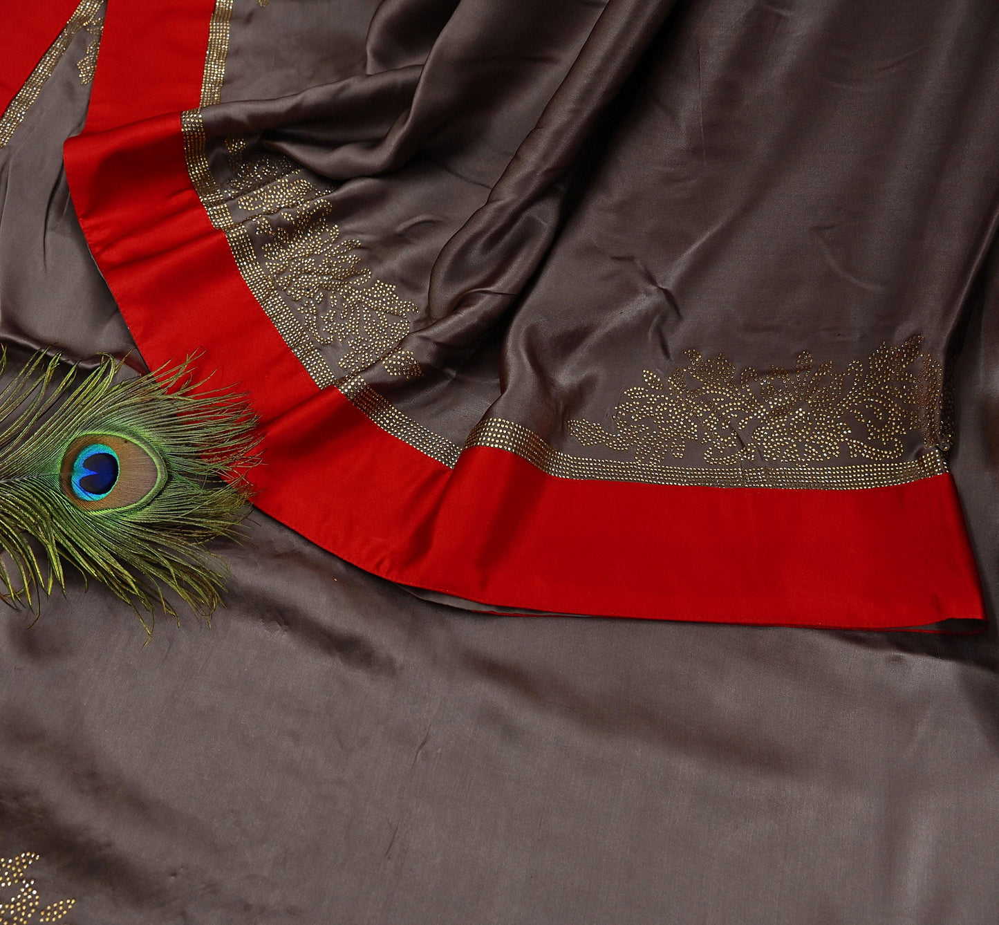 Rare Vintage Brown Pure Satin Silk Saree Hand Embroidered Fabric 5.5 Yards Sari Bollywood Party Wear Ethnic Designer Saree