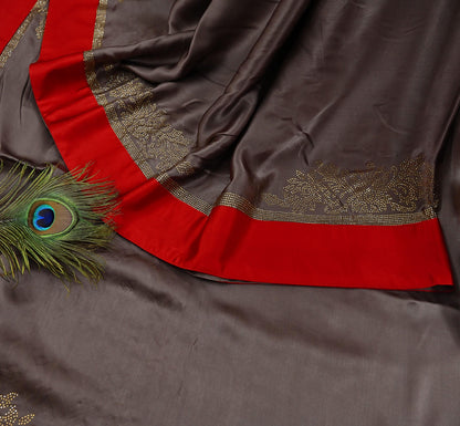 Rare Vintage Brown Pure Satin Silk Saree Hand Embroidered Fabric 5.5 Yards Sari Bollywood Party Wear Ethnic Designer Saree