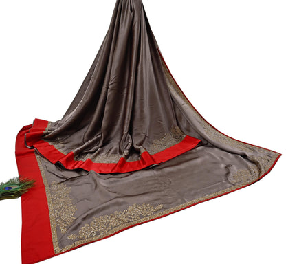 Rare Vintage Brown Pure Satin Silk Saree Hand Embroidered Fabric 5.5 Yards Sari Bollywood Party Wear Ethnic Designer Saree