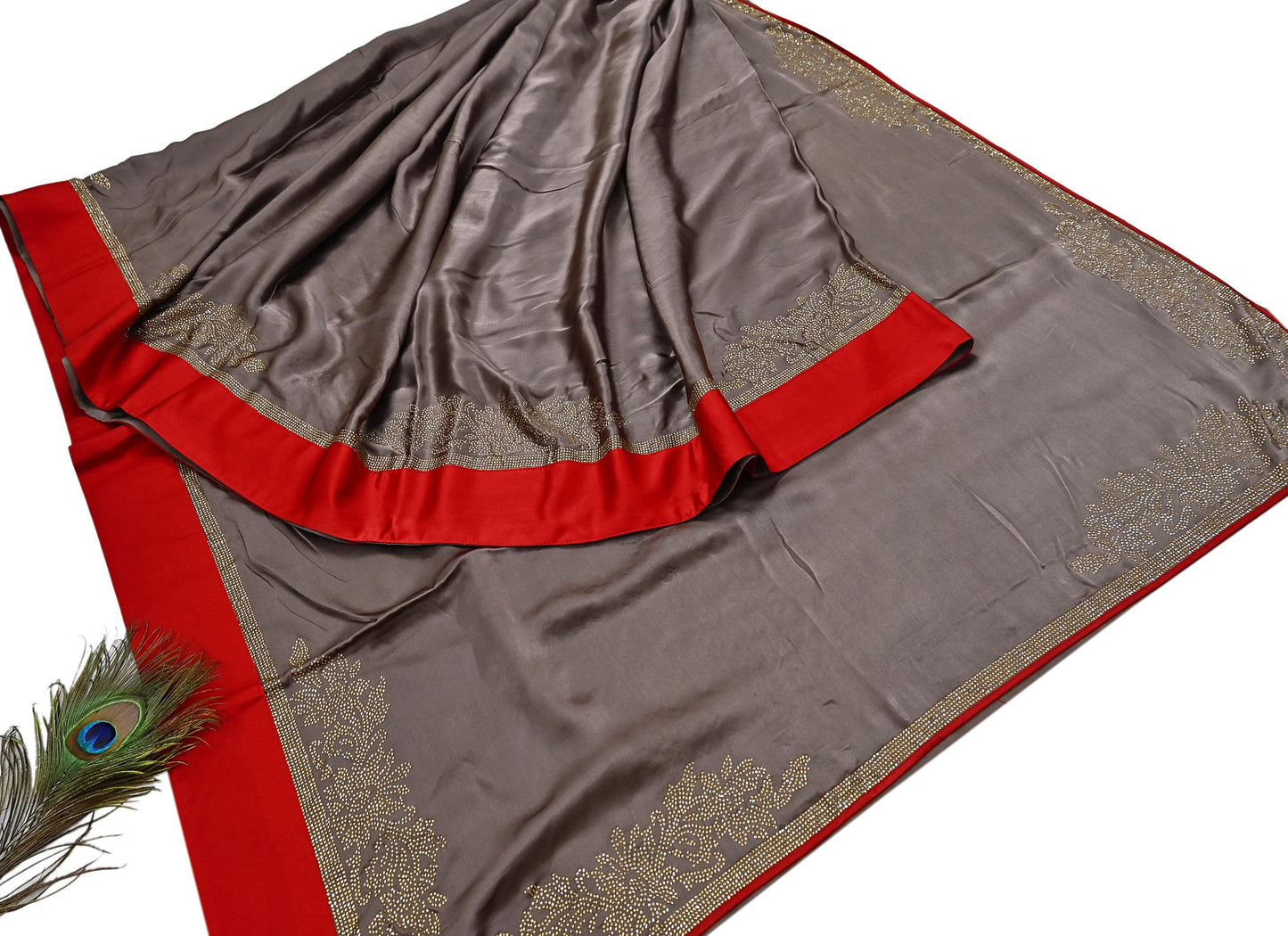 Rare Vintage Brown Pure Satin Silk Saree Hand Embroidered Fabric 5.5 Yards Sari Bollywood Party Wear Ethnic Designer Saree
