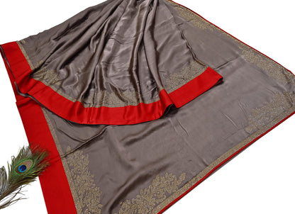 Rare Vintage Brown Pure Satin Silk Saree Hand Embroidered Fabric 5.5 Yards Sari Bollywood Party Wear Ethnic Designer Saree