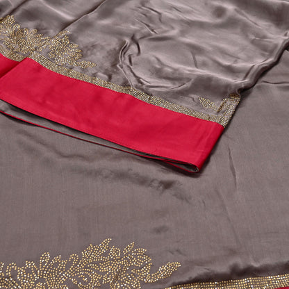 Rare Vintage Brown Pure Satin Silk Saree Hand Embroidered Fabric 5.5 Yards Sari Bollywood Party Wear Ethnic Designer Saree