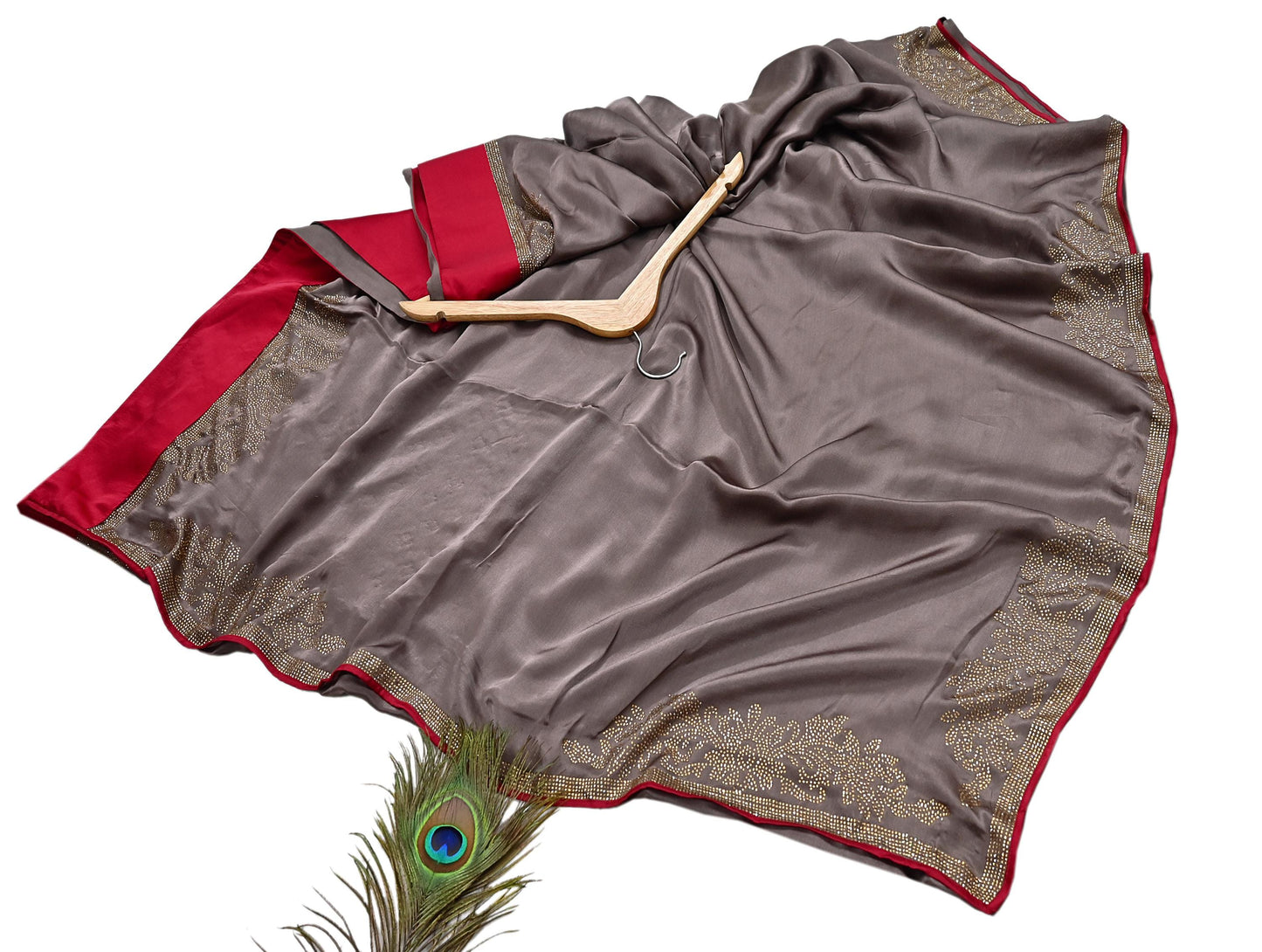 Rare Vintage Brown Pure Satin Silk Saree Hand Embroidered Fabric 5.5 Yards Sari Bollywood Party Wear Ethnic Designer Saree