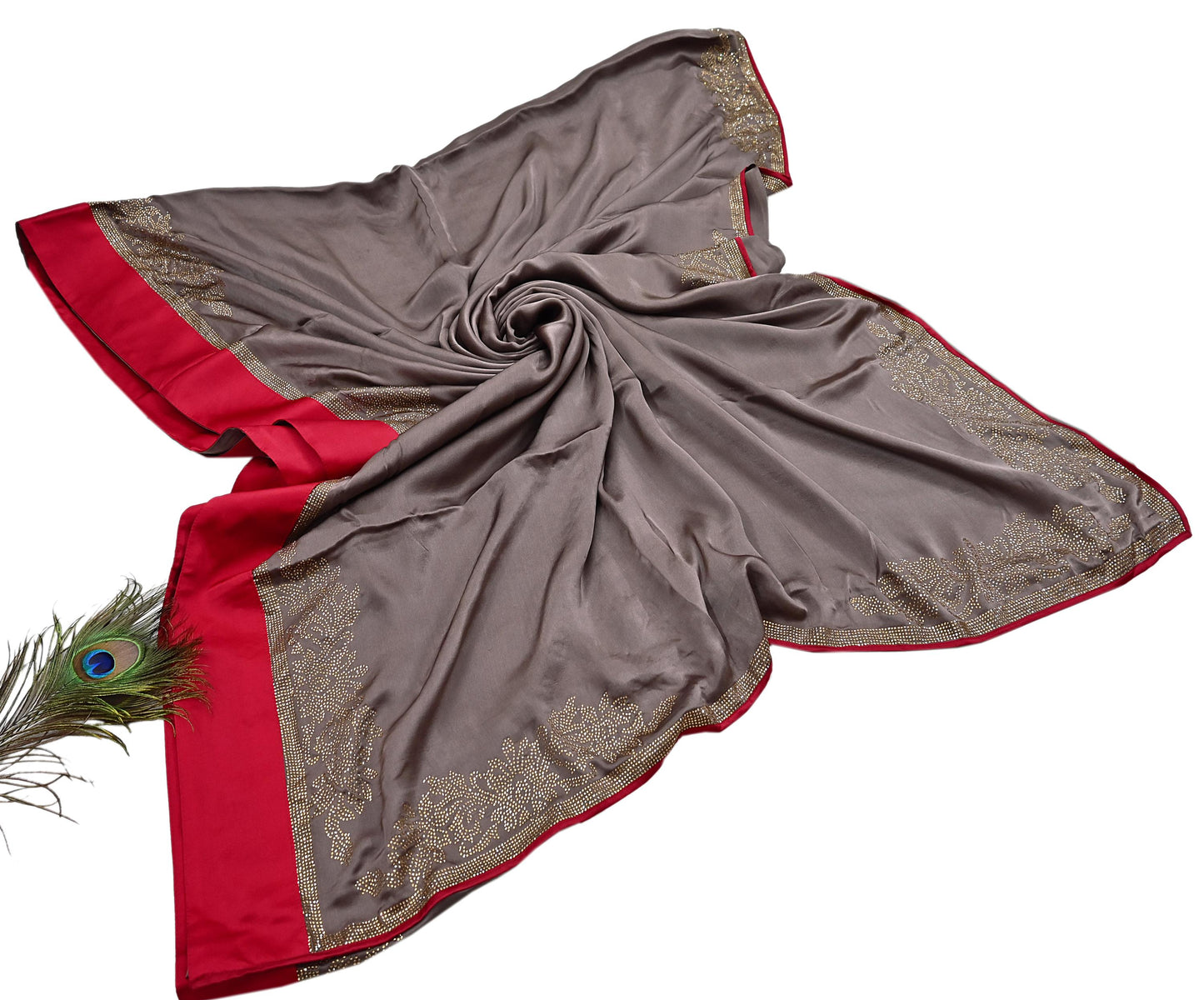 Rare Vintage Brown Pure Satin Silk Saree Hand Embroidered Fabric 5.5 Yards Sari Bollywood Party Wear Ethnic Designer Saree