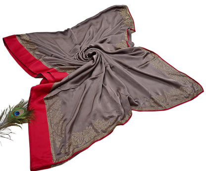 Rare Vintage Brown Pure Satin Silk Saree Hand Embroidered Fabric 5.5 Yards Sari Bollywood Party Wear Ethnic Designer Saree