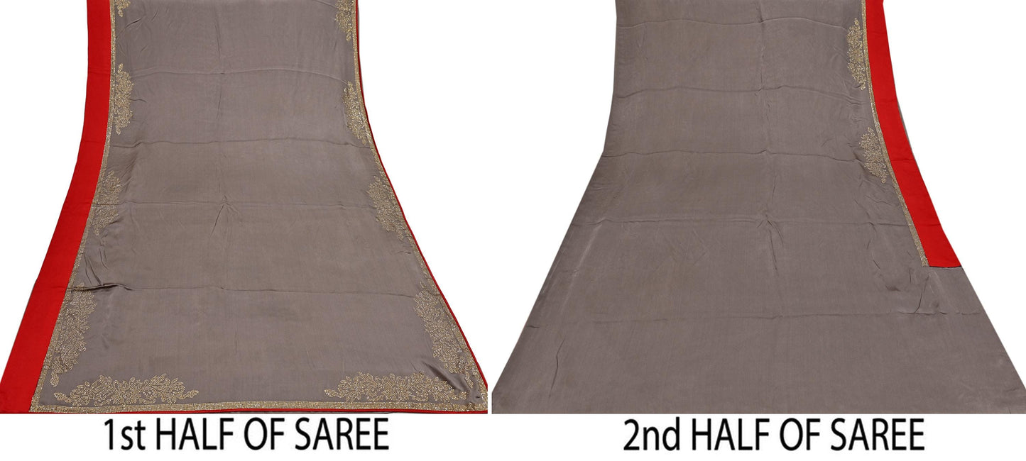 Rare Vintage Brown Pure Satin Silk Saree Hand Embroidered Fabric 5.5 Yards Sari Bollywood Party Wear Ethnic Designer Saree