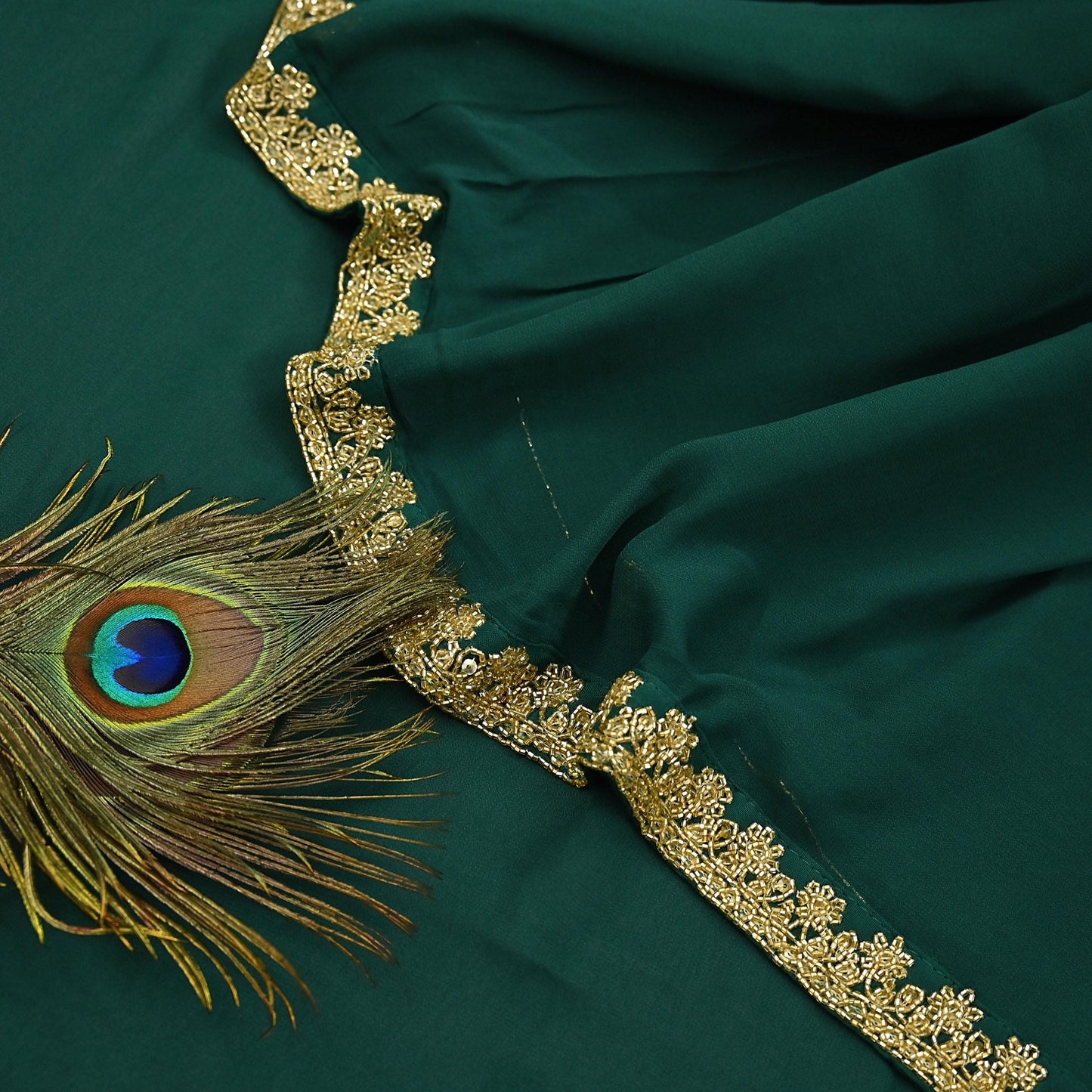Rare Vintage Bottle Green Pure Georgette Silk Saree Hand Embroidered Fabric 5.5 Yards Sari Bollywood Party Wear Ethnic Designer Saree