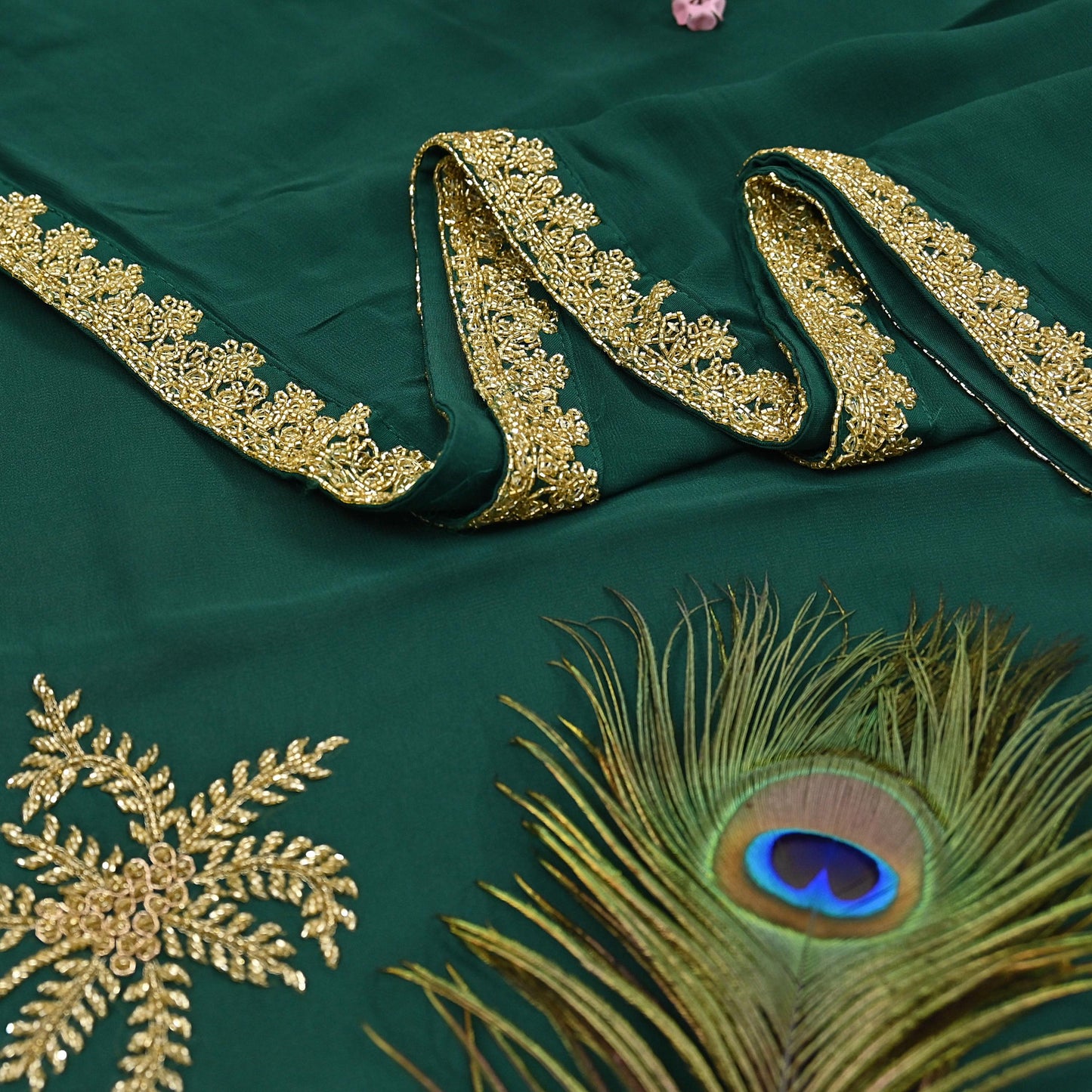 Rare Vintage Bottle Green Pure Georgette Silk Saree Hand Embroidered Fabric 5.5 Yards Sari Bollywood Party Wear Ethnic Designer Saree