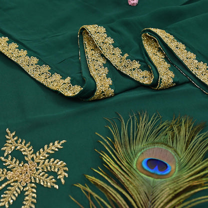Rare Vintage Bottle Green Pure Georgette Silk Saree Hand Embroidered Fabric 5.5 Yards Sari Bollywood Party Wear Ethnic Designer Saree