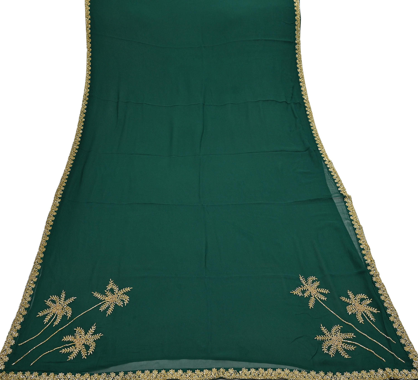 Rare Vintage Bottle Green Pure Georgette Silk Saree Hand Embroidered Fabric 5.5 Yards Sari Bollywood Party Wear Ethnic Designer Saree