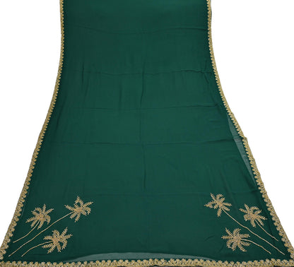 Rare Vintage Bottle Green Pure Georgette Silk Saree Hand Embroidered Fabric 5.5 Yards Sari Bollywood Party Wear Ethnic Designer Saree