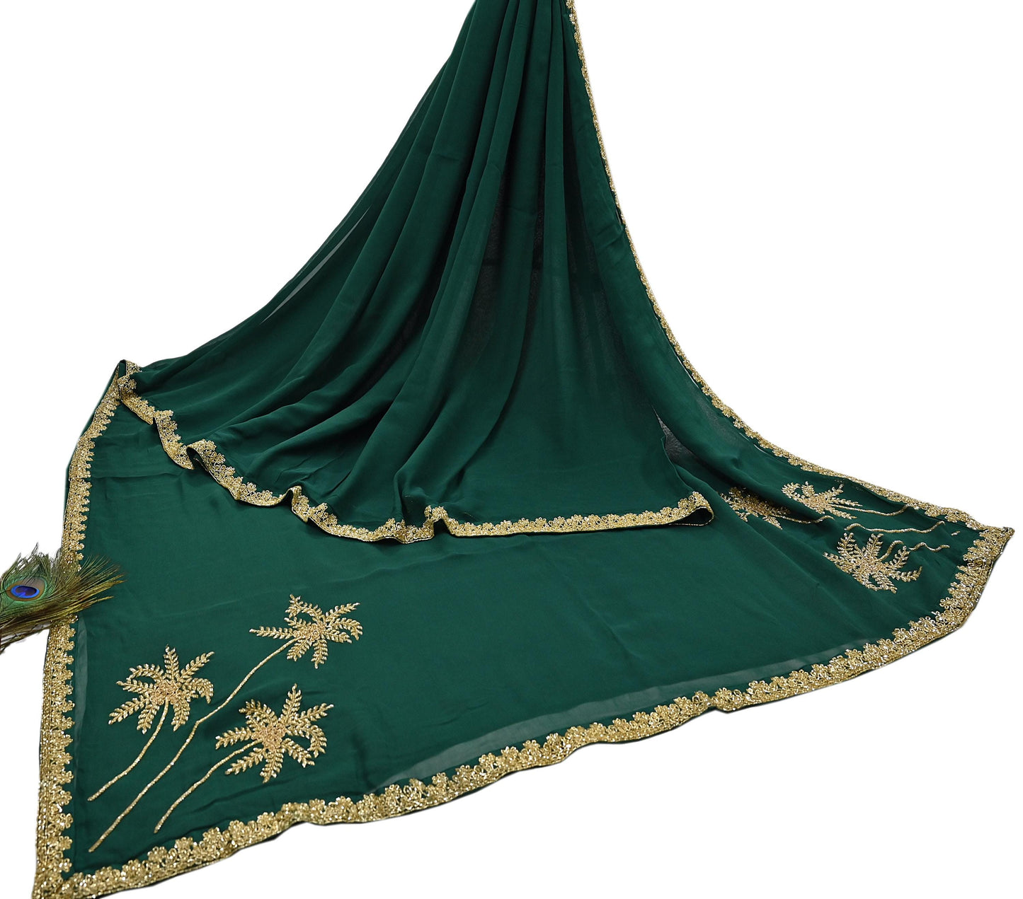 Rare Vintage Bottle Green Pure Georgette Silk Saree Hand Embroidered Fabric 5.5 Yards Sari Bollywood Party Wear Ethnic Designer Saree