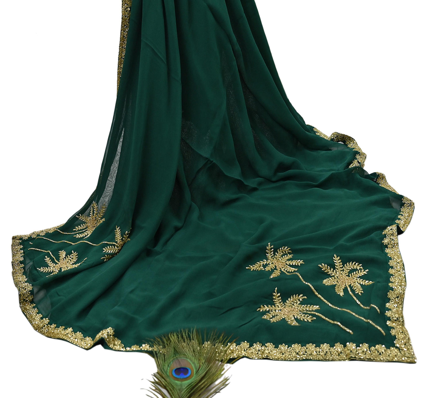 Rare Vintage Bottle Green Pure Georgette Silk Saree Hand Embroidered Fabric 5.5 Yards Sari Bollywood Party Wear Ethnic Designer Saree