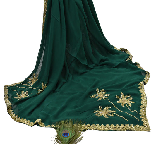 Rare Vintage Bottle Green Pure Georgette Silk Saree Hand Embroidered Fabric 5.5 Yards Sari Bollywood Party Wear Ethnic Designer Saree