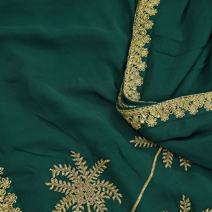Rare Vintage Bottle Green Pure Georgette Silk Saree Hand Embroidered Fabric 5.5 Yards Sari Bollywood Party Wear Ethnic Designer Saree