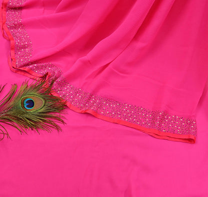 Rare Vintage Magenta Pure Chiffon Silk Saree Hand Embroidered Fabric 5.5 Yards Sari Bollywood Party Wear Ethnic saree