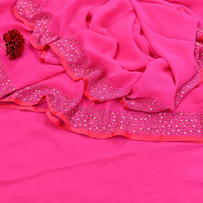Rare Vintage Magenta Pure Chiffon Silk Saree Hand Embroidered Fabric 5.5 Yards Sari Bollywood Party Wear Ethnic saree