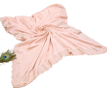 Rare Vintage Peach Pure Satin Silk Saree Hand Embroidered Fabric 5.5 Yards Sari Bollywood Party Wear Ethnic Saree