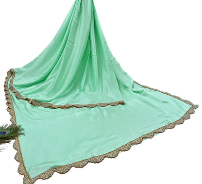 Rare Vintage Green Pure Satin Silk Saree Hand Embroidered Fabric 5.5 Yards Sari Bollywood Party Wear Ethnic Saree