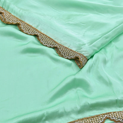 Rare Vintage Green Pure Satin Silk Saree Hand Embroidered Fabric 5.5 Yards Sari Bollywood Party Wear Ethnic Saree