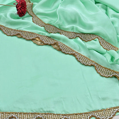 Rare Vintage Green Pure Satin Silk Saree Hand Embroidered Fabric 5.5 Yards Sari Bollywood Party Wear Ethnic Saree
