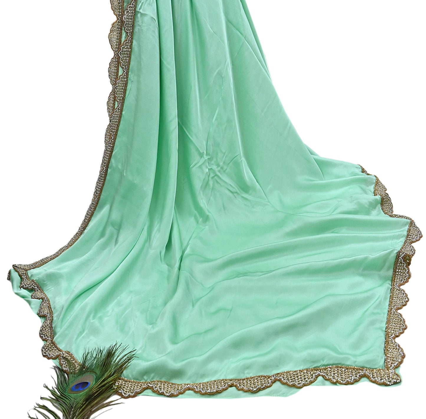 Rare Vintage Green Pure Satin Silk Saree Hand Embroidered Fabric 5.5 Yards Sari Bollywood Party Wear Ethnic Saree