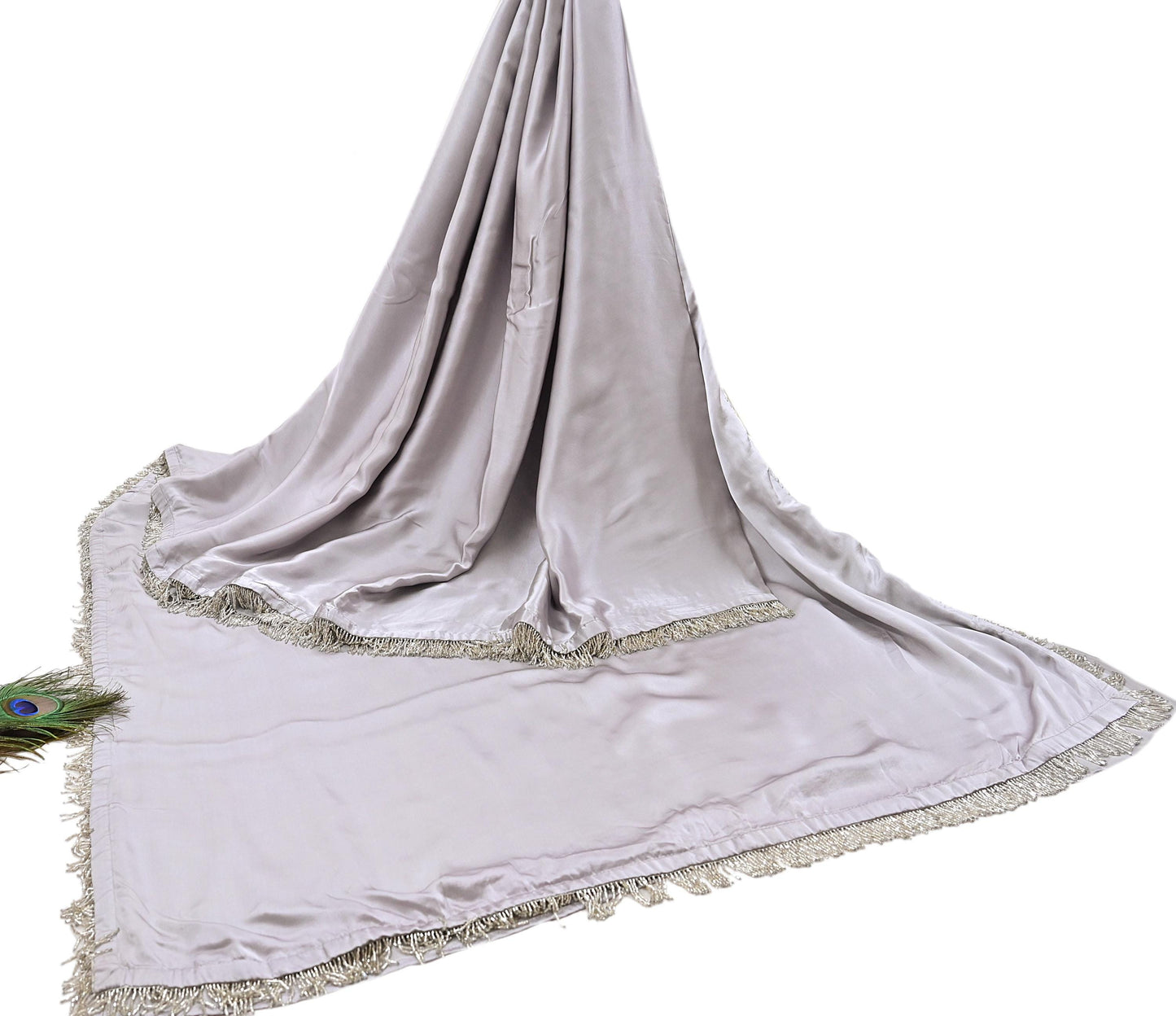 Rare Vintage Gray Pure Satin Silk Saree Hand Embroidered Fabric 5.5 Yards Sari Bollywood Party Wear Ethnic Saree